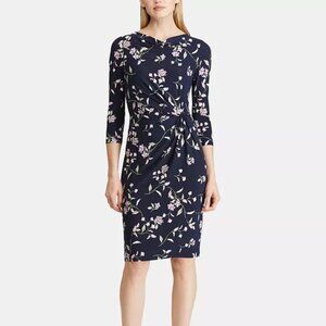 Ralph Lauren Blue Floral-Print Cowlneck Rouched Jersey Dress Size 14